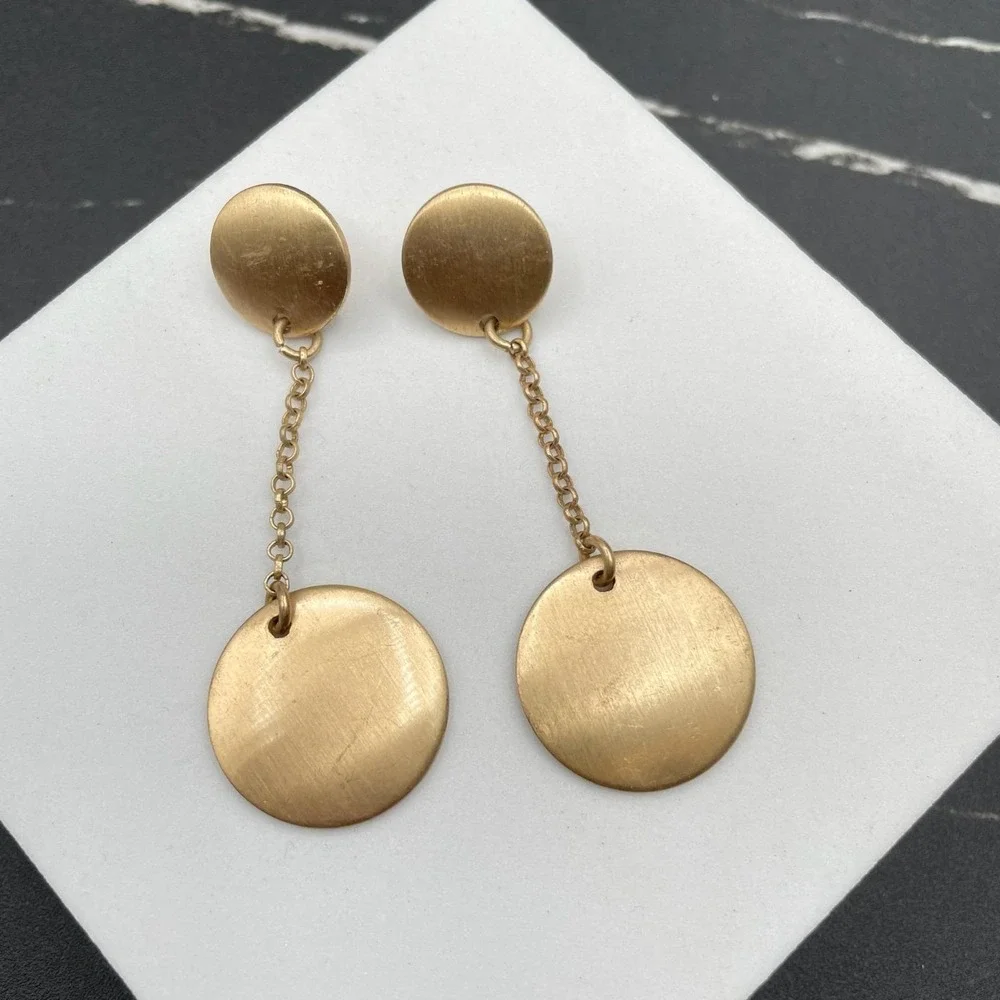 Contemporary Gold-Tone Classic Round Link Chain Double Disc Drop Dangle Earrings